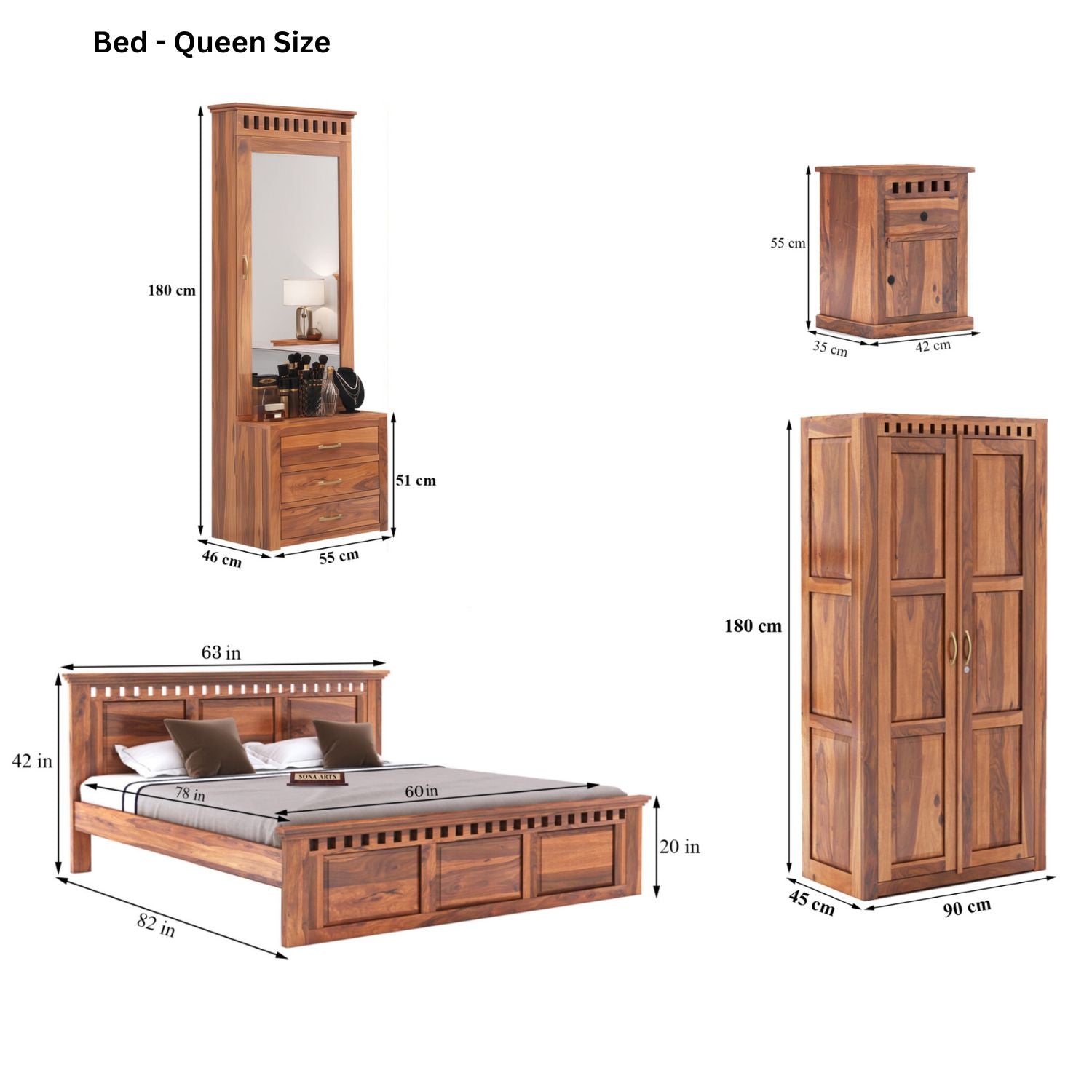 Kuber Queen Size Bed without Storage, Wardrobe, Dressing Table & Two Bedside Tables  - Natural Finish