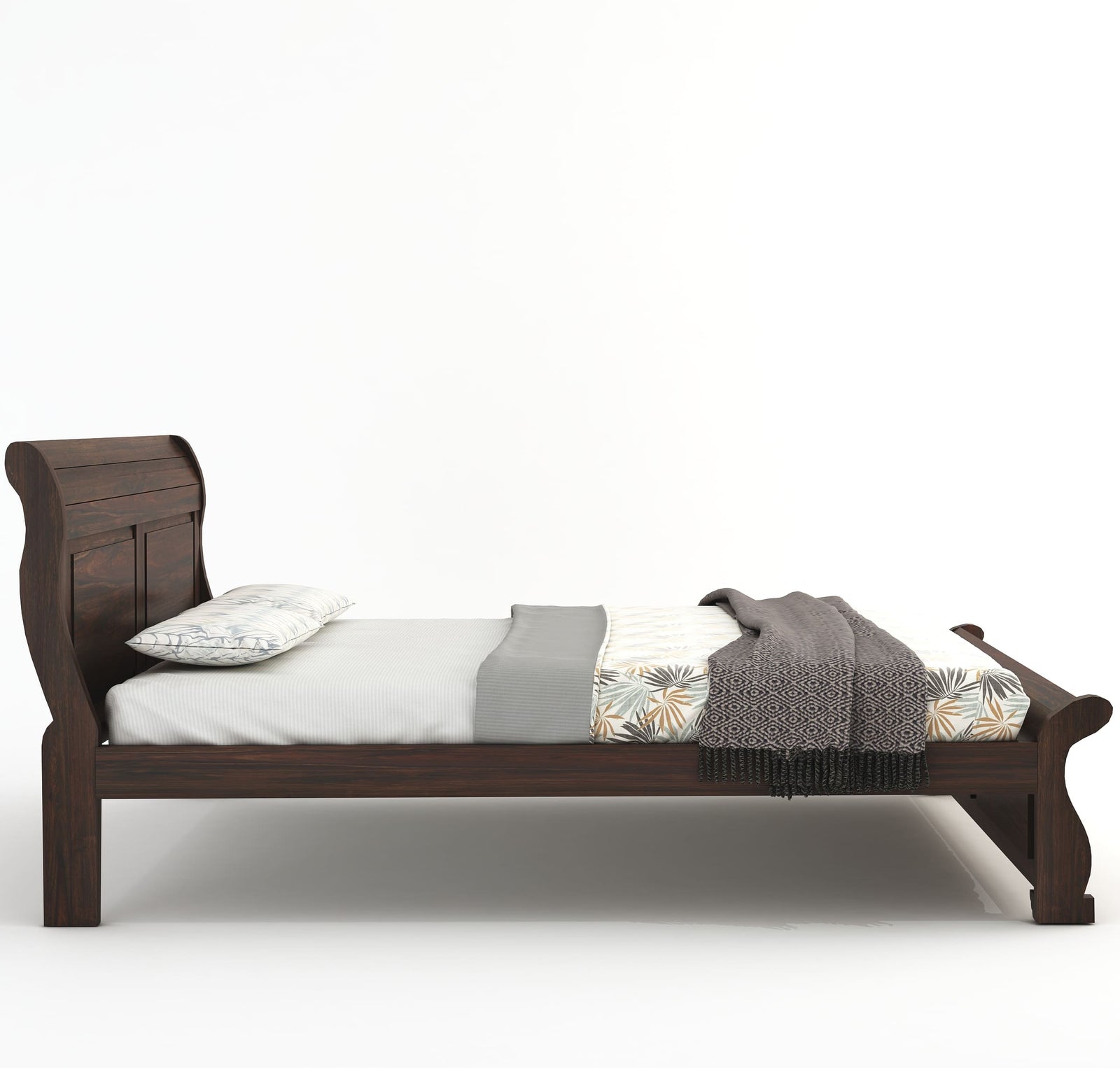 Curve Solid Sheesham Wood King Size Bed without Storage - Walnut Finish