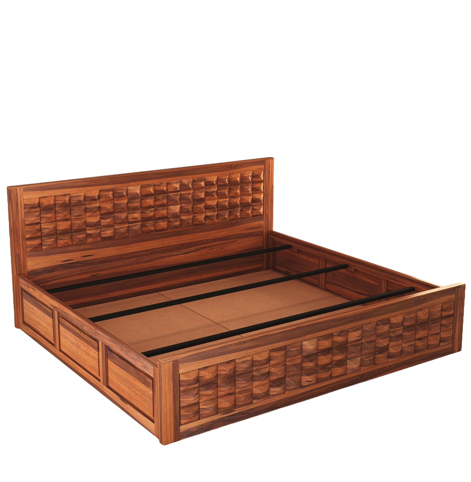 Diamond Solid Sheesham Wood King Size Bed with Box Storage - Natural Finish