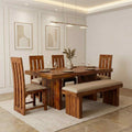 Poster Solid Sheesham Wood Dining Table Set 6 Seater, 4 Chair & 1 Bench Natural Finish - Natural