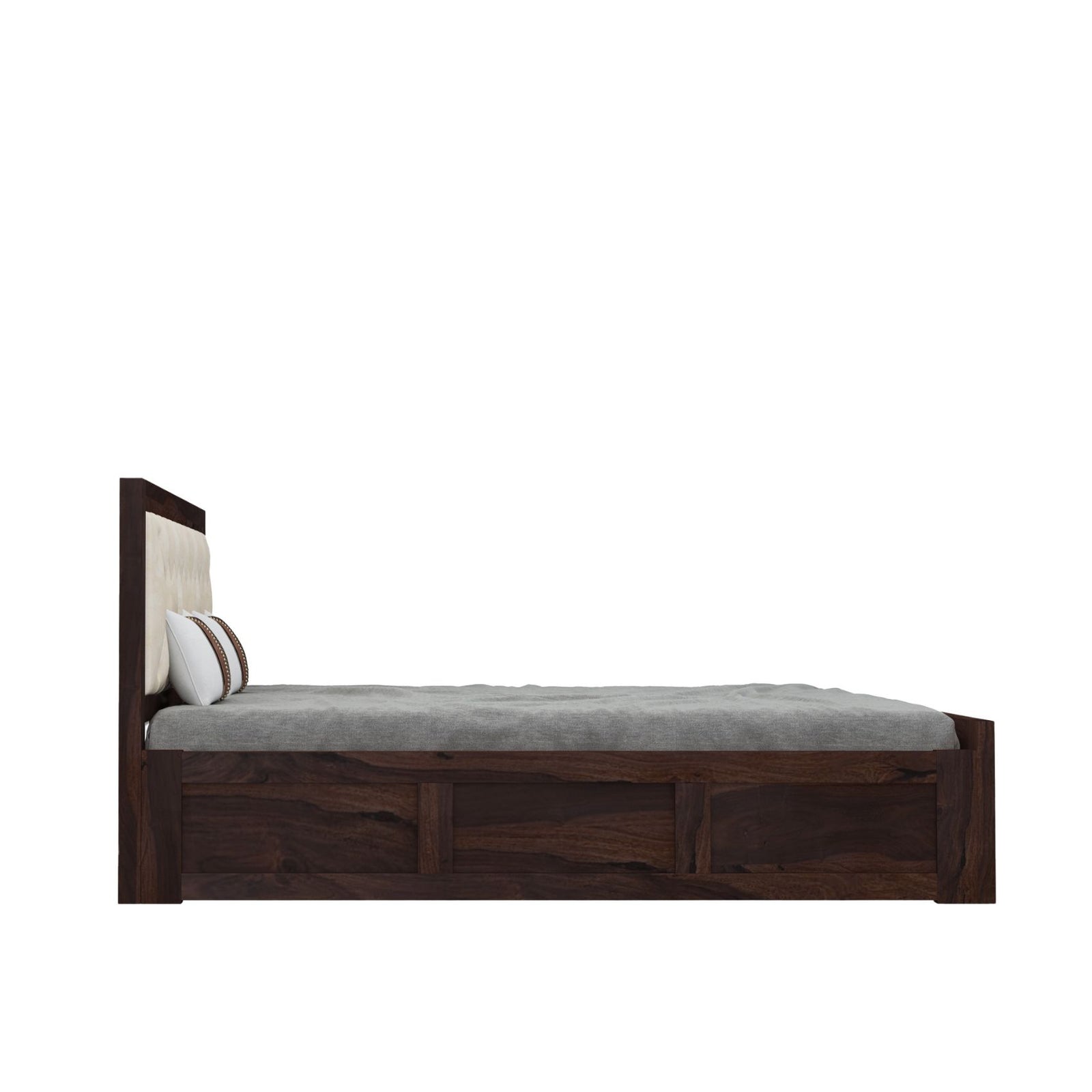 Zeus Solid Sheesham Wood Upholstered Bed King Size with Box Storage - Walnut Finish