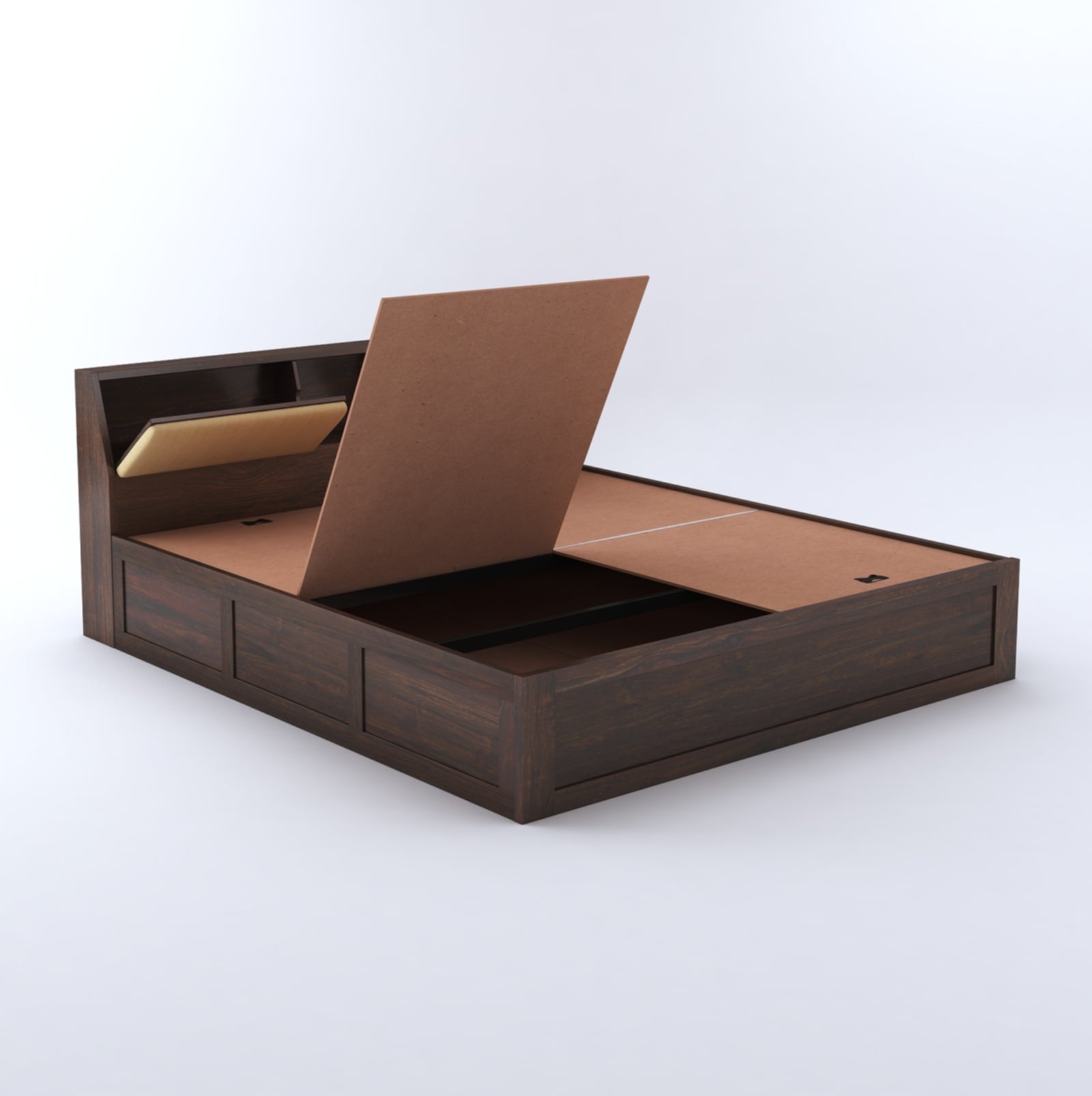 Hades Solid Sheesham Wood Queen Size Bed With Box Storage - Walnut Finish