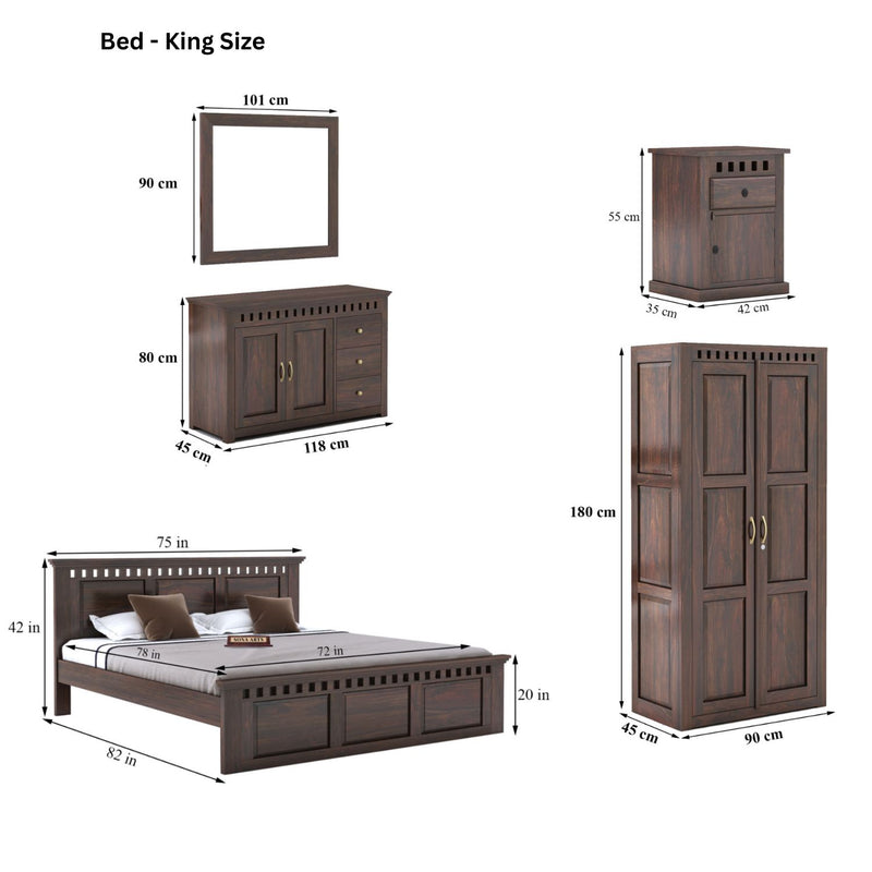 Kuber King Size Bed without Storage, Wardrobe, Chest of Drawer & Two Bedside Tables - Walnut Finish