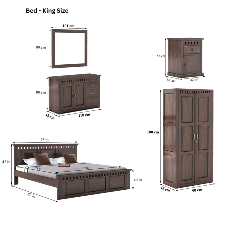 Kuber King Size Bed without Storage, Wardrobe, Chest of Drawer & Two Bedside Tables - Walnut Finish