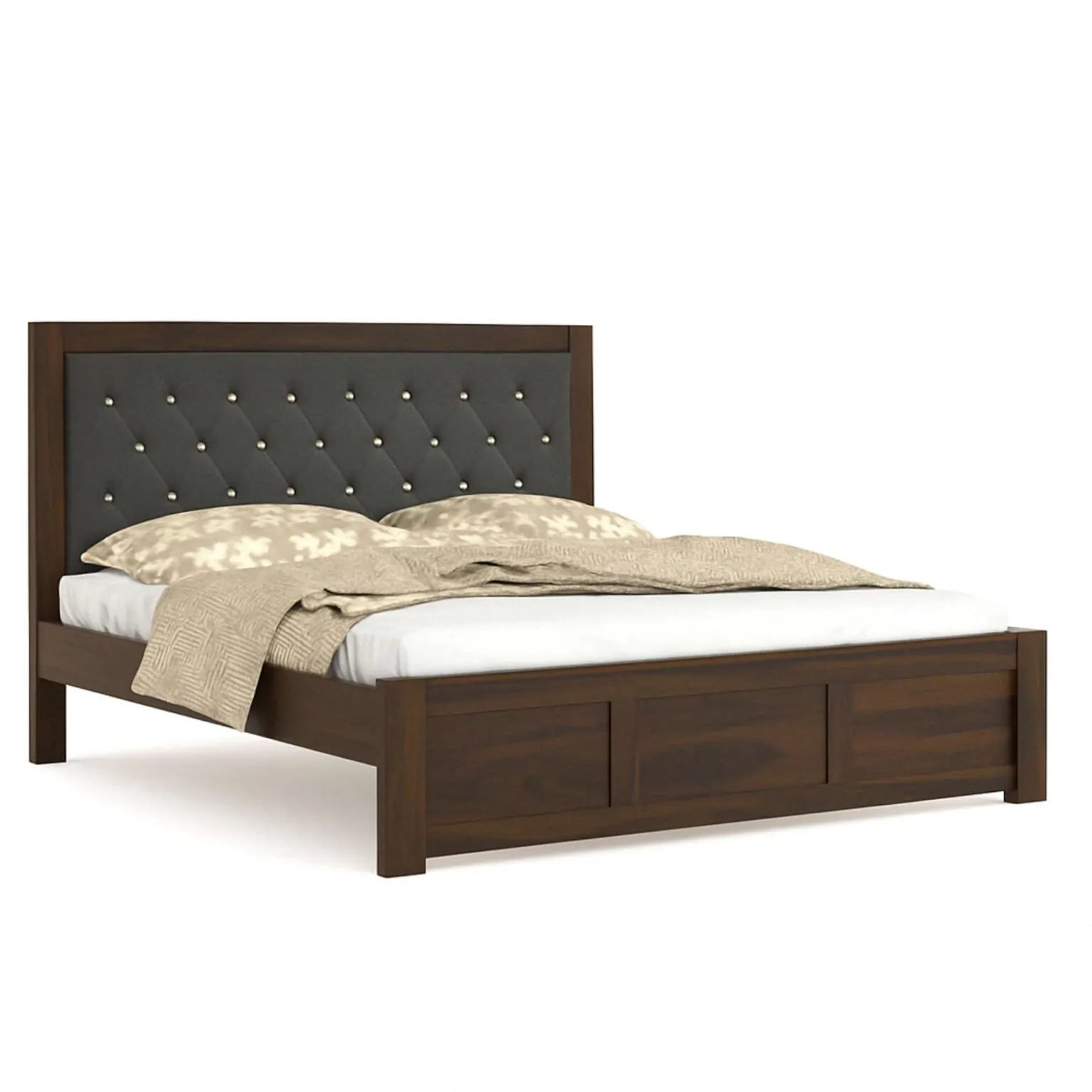 Zeus King Size Wooden Upholstered Bed Without Storage Finish - Walnut