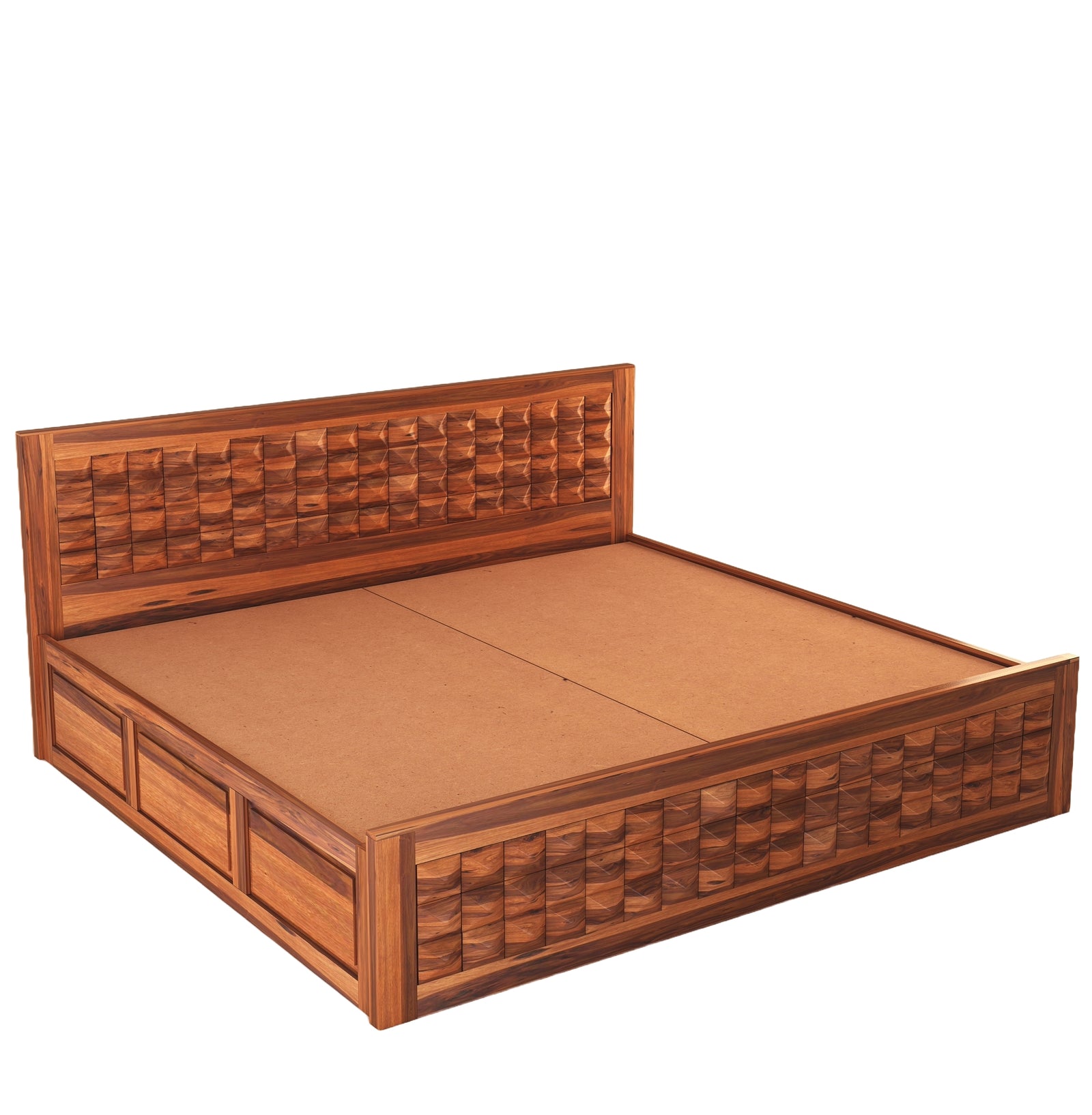Diamond Solid Sheesham Wood King Size Bed with Box Storage - Natural Finish