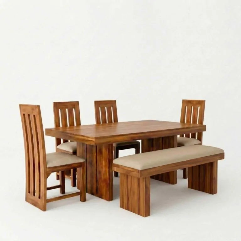 Poster Solid Sheesham Wood Dining Table Set 6 Seater, 4 Chair & 1 Bench Natural Finish - Natural