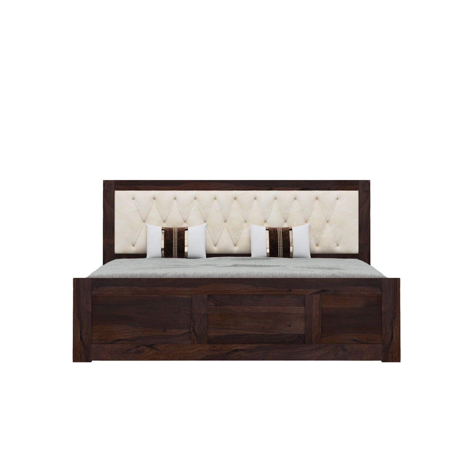 Zeus Solid Sheesham Wood Upholstered Queen Size Bed with Box Storage - Walnut Finish