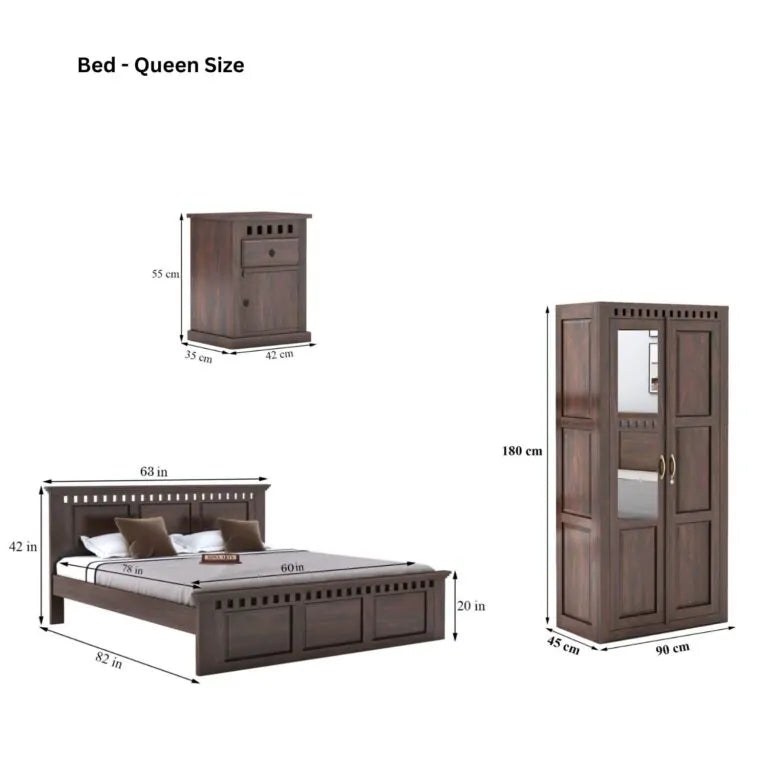 Kuber Queen Size Bed without Storage, Wardrobe & Two Bedside Tables - Walnut Finish