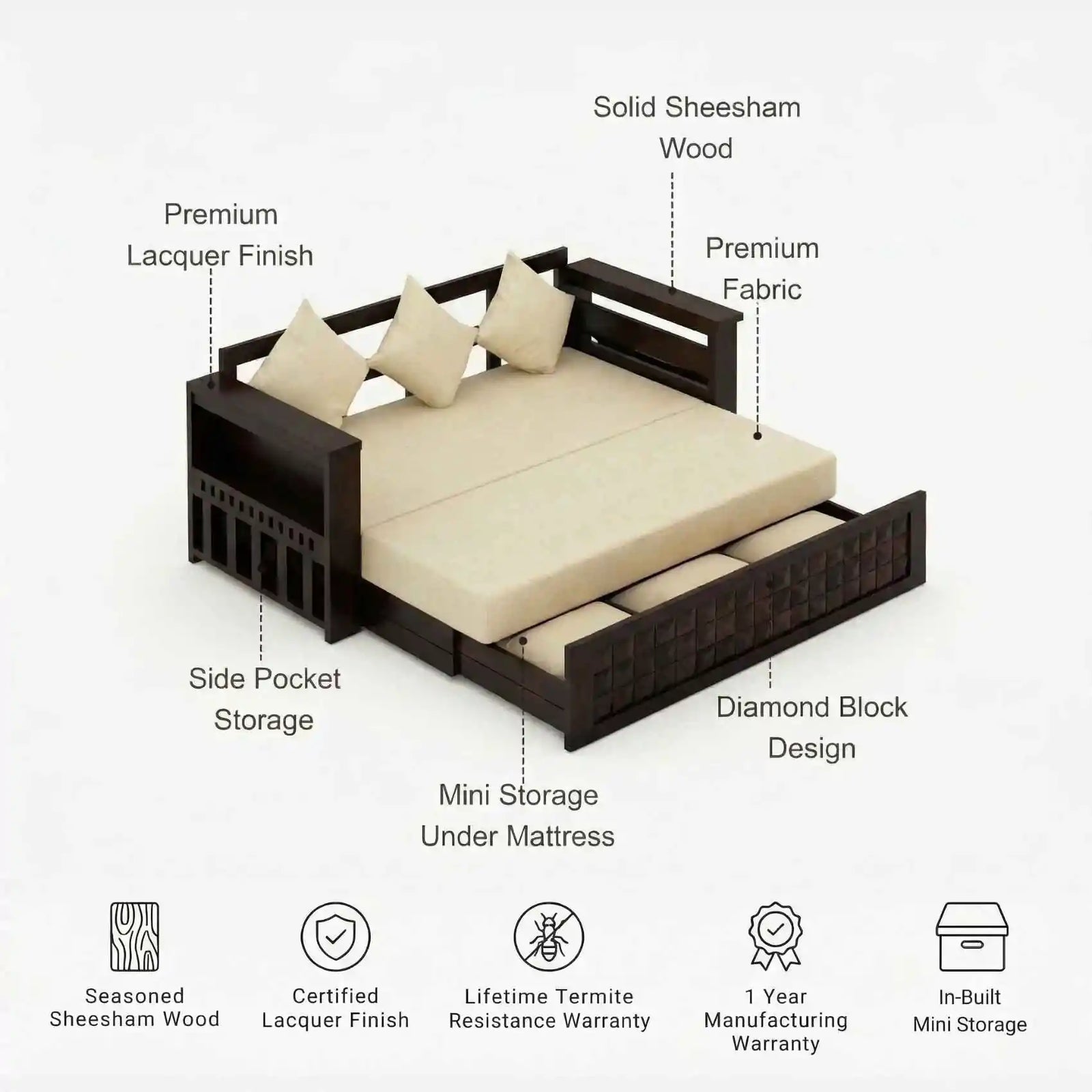 Diamond Sheesham Wooden Sofa Cum bed  Finish- Walnut