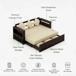 Diamond Sheesham Wooden Sofa Cum bed  Finish- Walnut