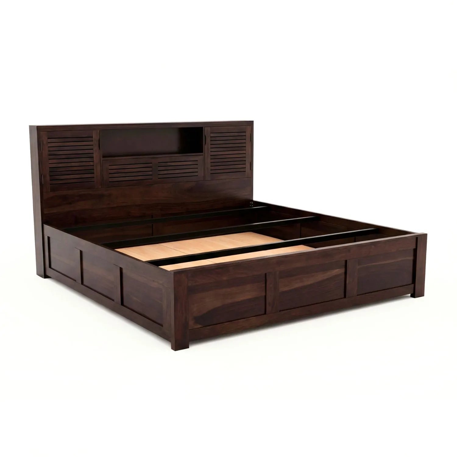 Urban Solid Sheesham Wood King Size Bed with Storage Box  Finish - Walnut