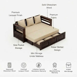 Kuber Wooden Sofa Cum Bed 3 Seater - Walnut