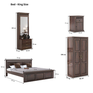 Kuber King Size Bed without Storage, Wardrobe, Dressing Table & Two Bedside Tables  - Walnut Finish