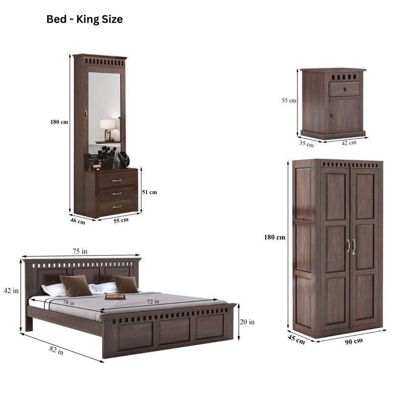 Kuber King Size Bed without Storage, Wardrobe, Dressing Table & Two Bedside Tables  - Walnut Finish