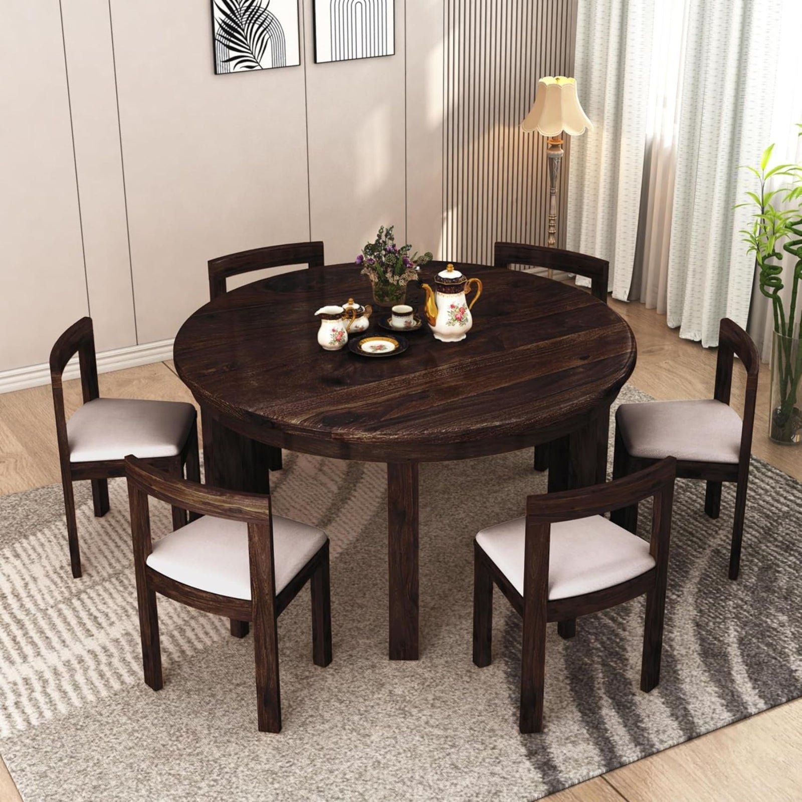 Solid Sheesham Wood Dining Table Set Of 6 - Walnut