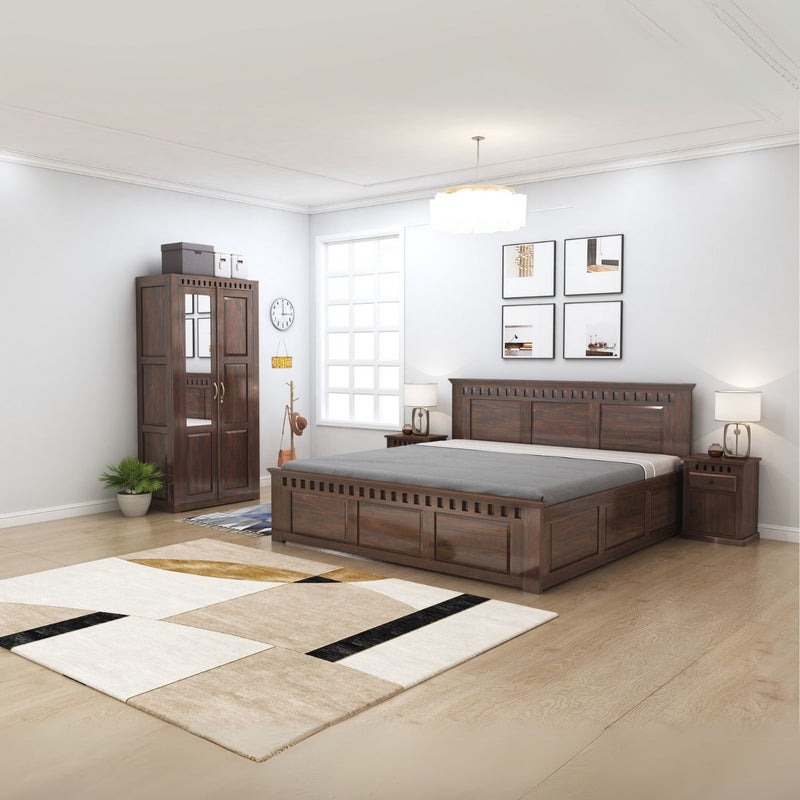 Kuber King Size Bed With Box Storage, Wardrobe & Two Bedside Tables - Walnut Finish