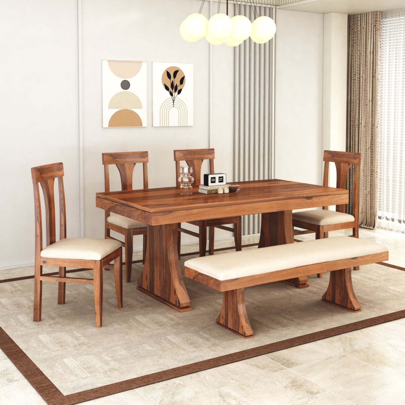 Betel Sheesham Wood Dining Table 6 Seater with Bench - Natural Finish