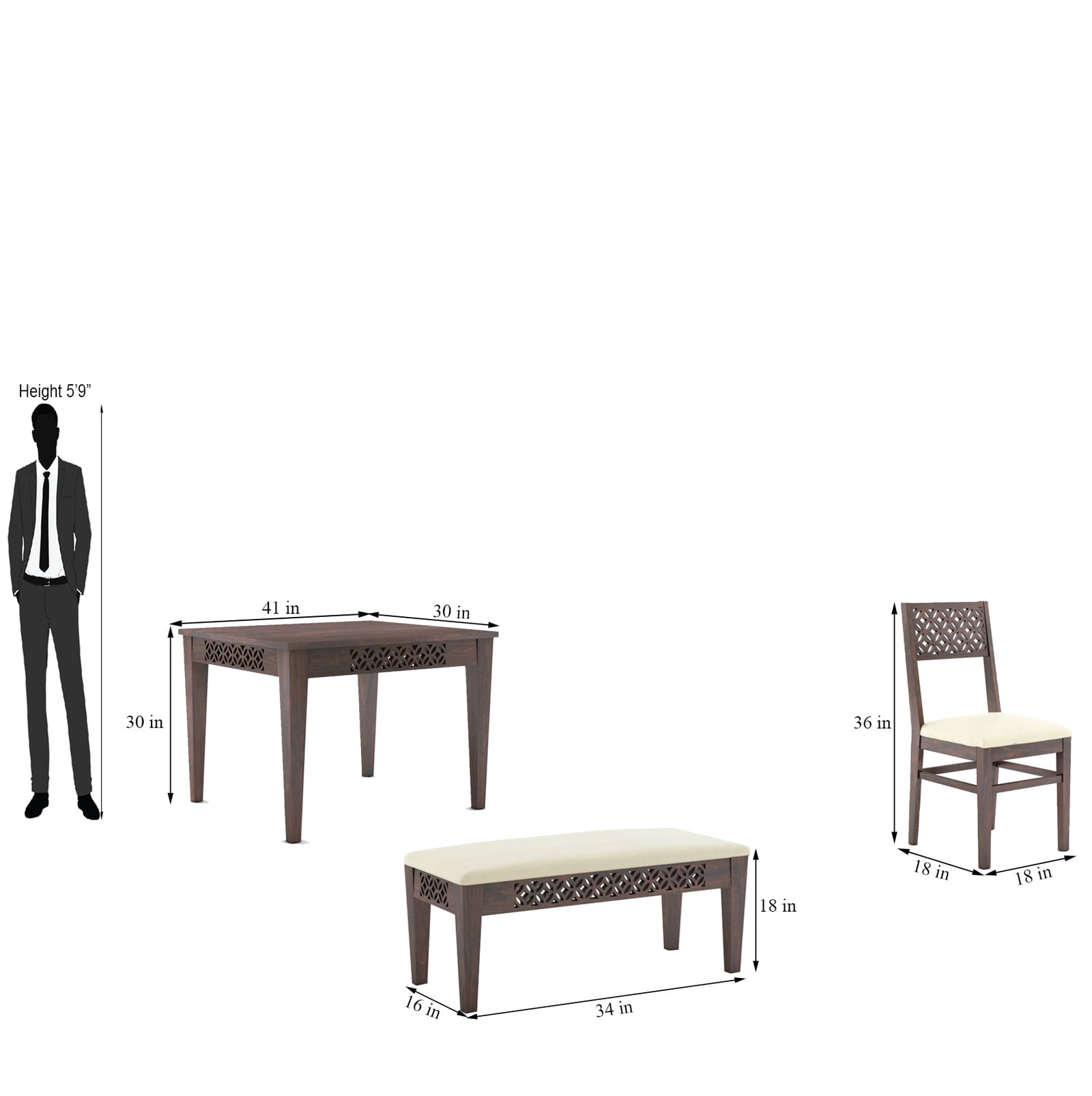 CNC Sheesham Wood 4-Seater Dining Table Set with 2 Chairs & Bench – Walnut Finish, Floral Pattern