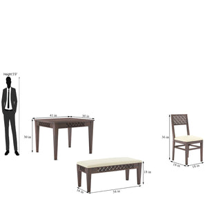 CNC Sheesham Wood 4-Seater Dining Table Set with 2 Chairs & Bench – Walnut Finish, Floral Pattern