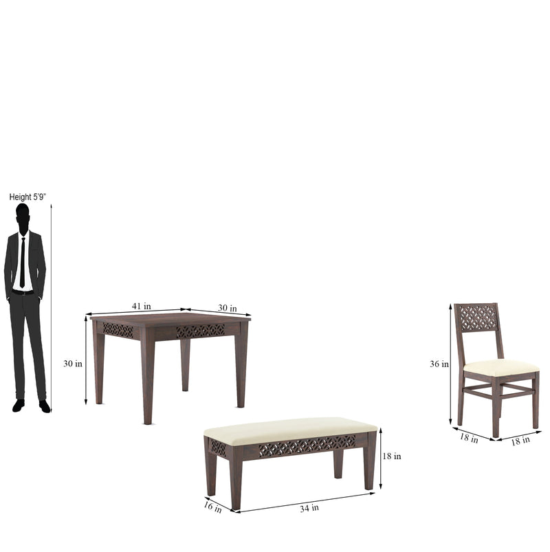 CNC Sheesham Wood 4-Seater Dining Table Set with 2 Chairs & Bench – Walnut Finish, Floral Pattern