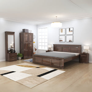 Kuber Queen Size Bed without Storage, Wardrobe, Dressing Table & Two Bedside Tables  - Walnut Finish