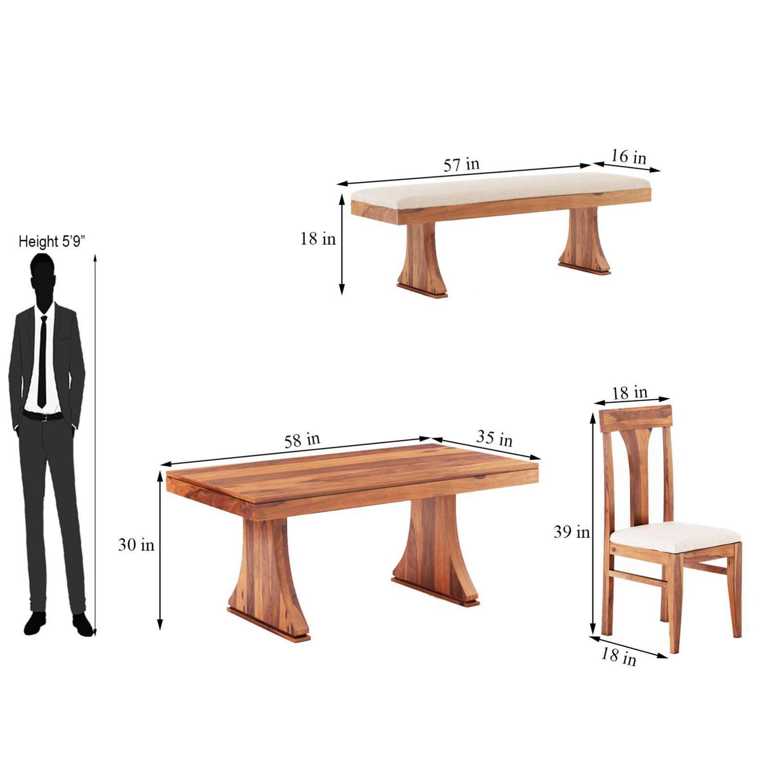 Betel Sheesham Wood Dining Table 6 Seater with Bench - Natural Finish