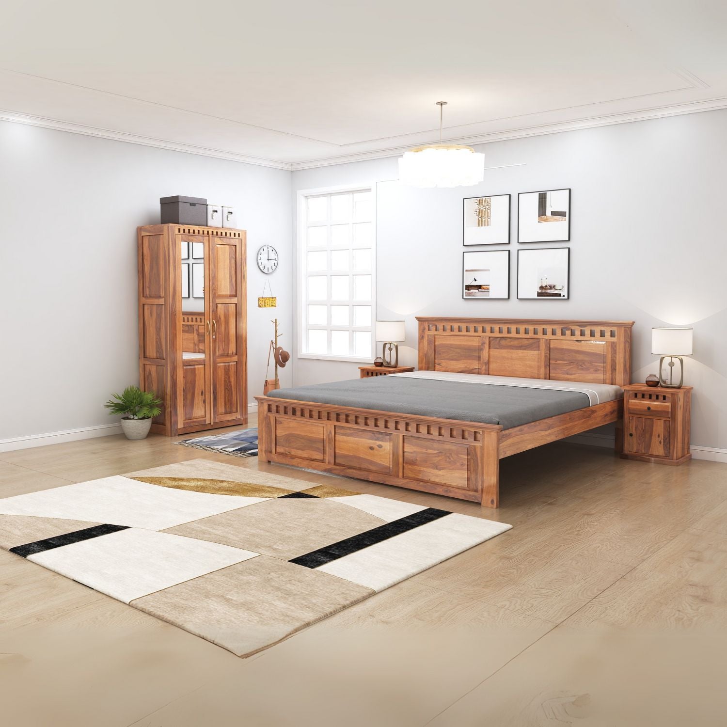 Kuber Queen Size Bed without Storage, Wardrobe & Two Bedside Tables - Natural Finish