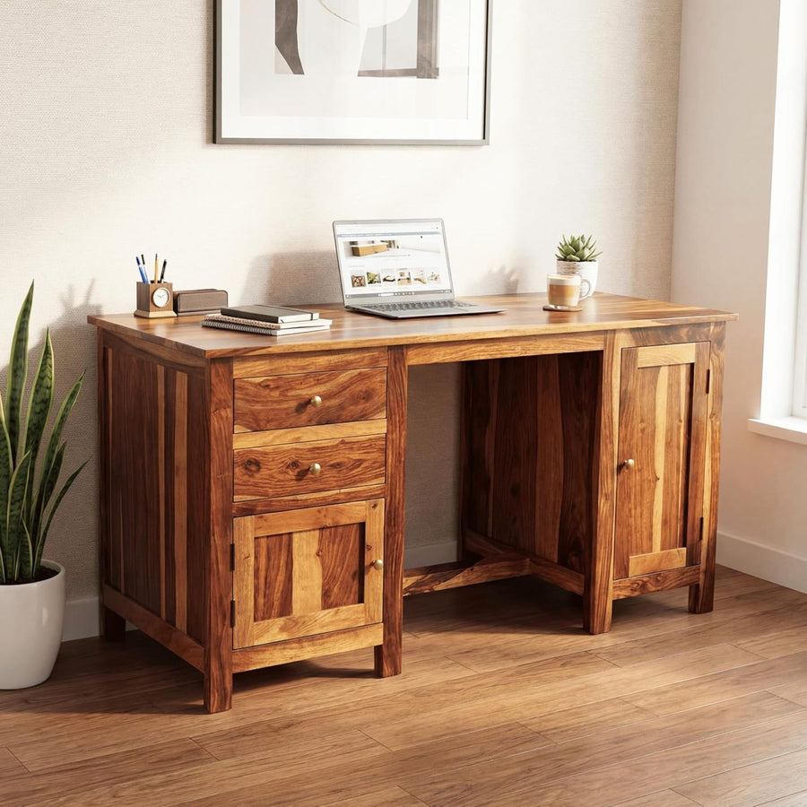 VIP Sheesham Wood Study Table with 2 Drawers & 2 Doors Finish - Natural