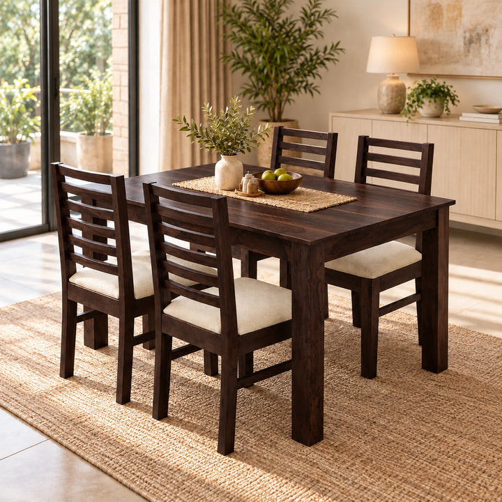 Luxe Solid Sheesham Wood 4 Seater Dining Table Set Finish - Walnut