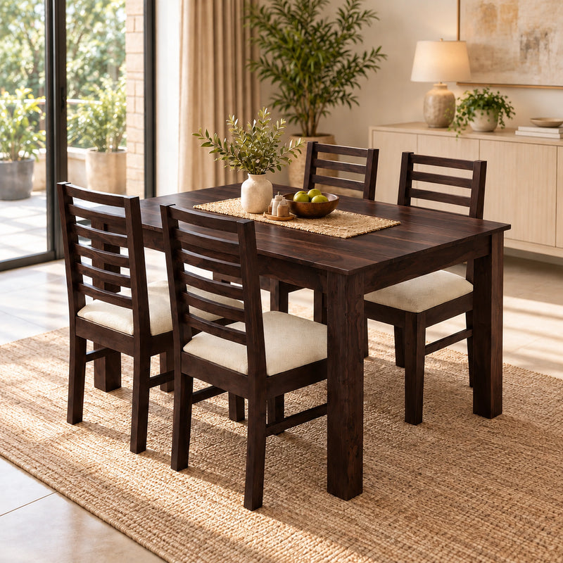 Luxe Solid Sheesham Wood 4 Seater Dining Table Set Finish - Walnut