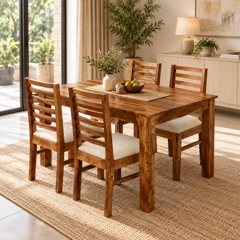 Luxe Solid Sheesham Wood 4 Seater Dining Table Set Natural Finish - Natural