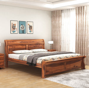 Curve Solid Sheesham Wood Queen Size Bed without Storage - Natural Finish