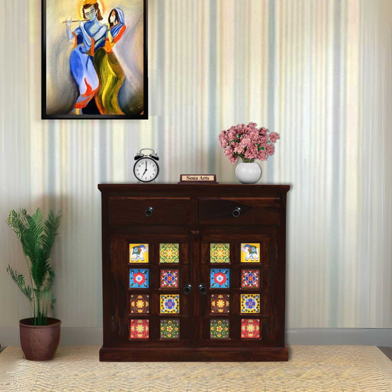 Tile Wooden Sideboard Tv Cabinet for Living Room Honey Finish - Walnut