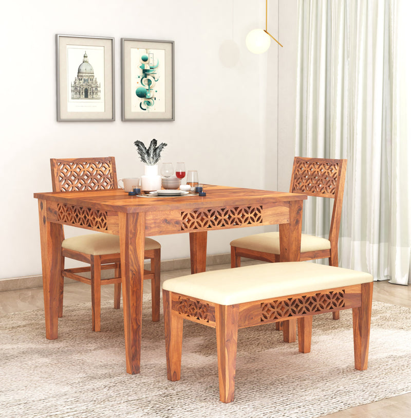CNC Sheesham Wood Dining Table 4 Seater - Natural Finish