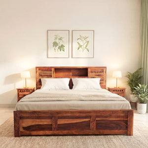 Urban Solid Sheesham Wood King Size Bed with Storage Box  Finish - Natural