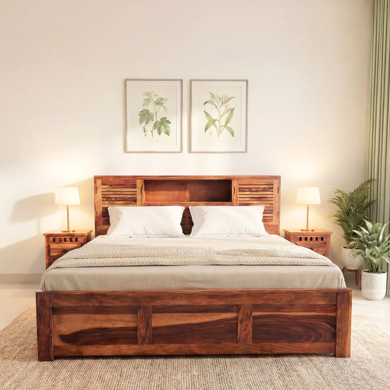 Urban Solid Sheesham Wood King Size Bed with Storage Box  Finish - Natural