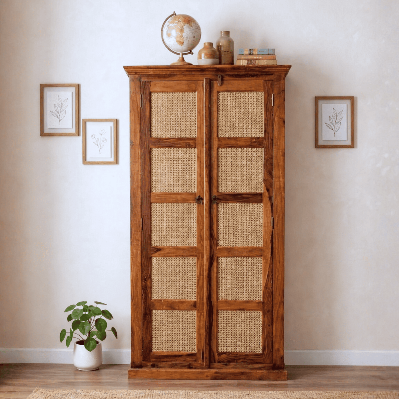 Boho Sheesham Wooden Crockery Cabinet Bookshelf with Door Natural