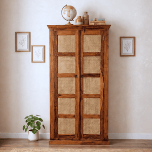 Boho Sheesham Wooden Crockery Cabinet Bookshelf with Door Natural