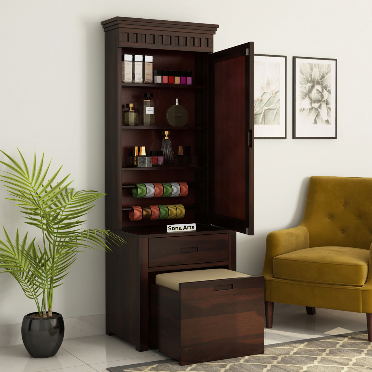 Dressing Table with Mirror and Chair for Bedroom - Walnut Finish