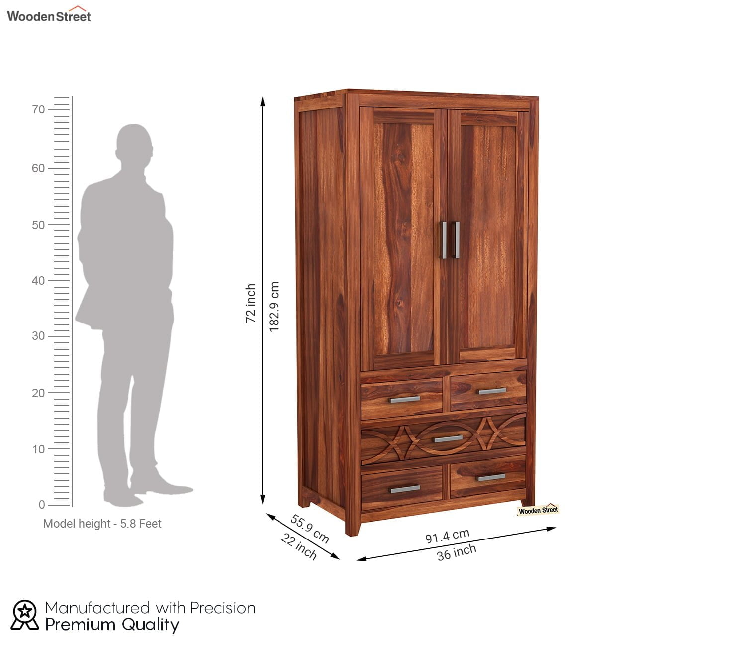 CNC Solid Sheesham Wood 2 Door Wardrobe with 5 Drawers Storage - Natural Finish