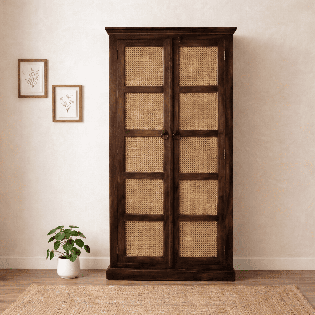 Boho Sheesham Wooden Crockery Cabinet Bookshelf with Door Walnut