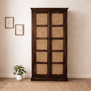 Boho Sheesham Wooden Crockery Cabinet Bookshelf with Door Walnut