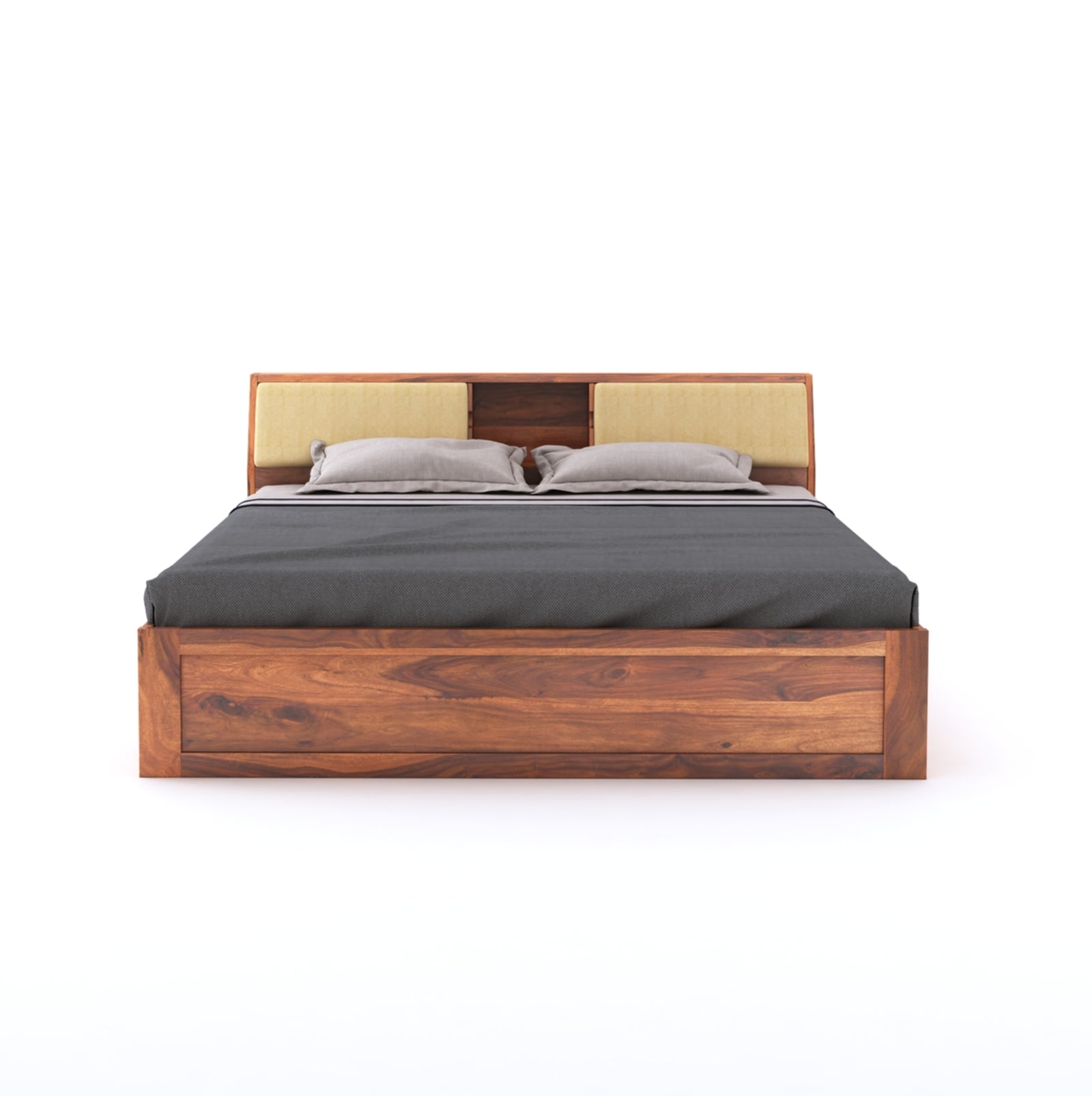 Hades Solid Sheesham Wood King Size Bed with Box Storage | King Size Cot With Head Cushion - Natural Finish