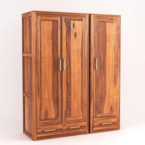 Sheesham Wood 3 Door Wardrobe with 3 Drawers Storage Finish  - Natural