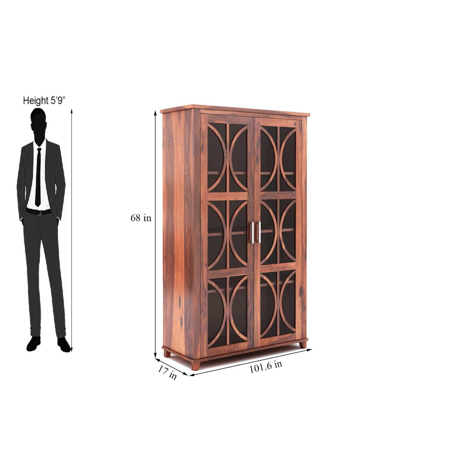 Cross X Bookshelf Cabinet with Glass Door for Kitchen & Living Room - Natural Finish