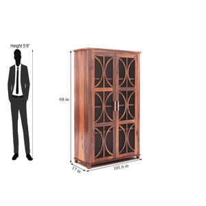 Cross X Bookshelf Cabinet with Glass Door for Kitchen & Living Room - Natural Finish