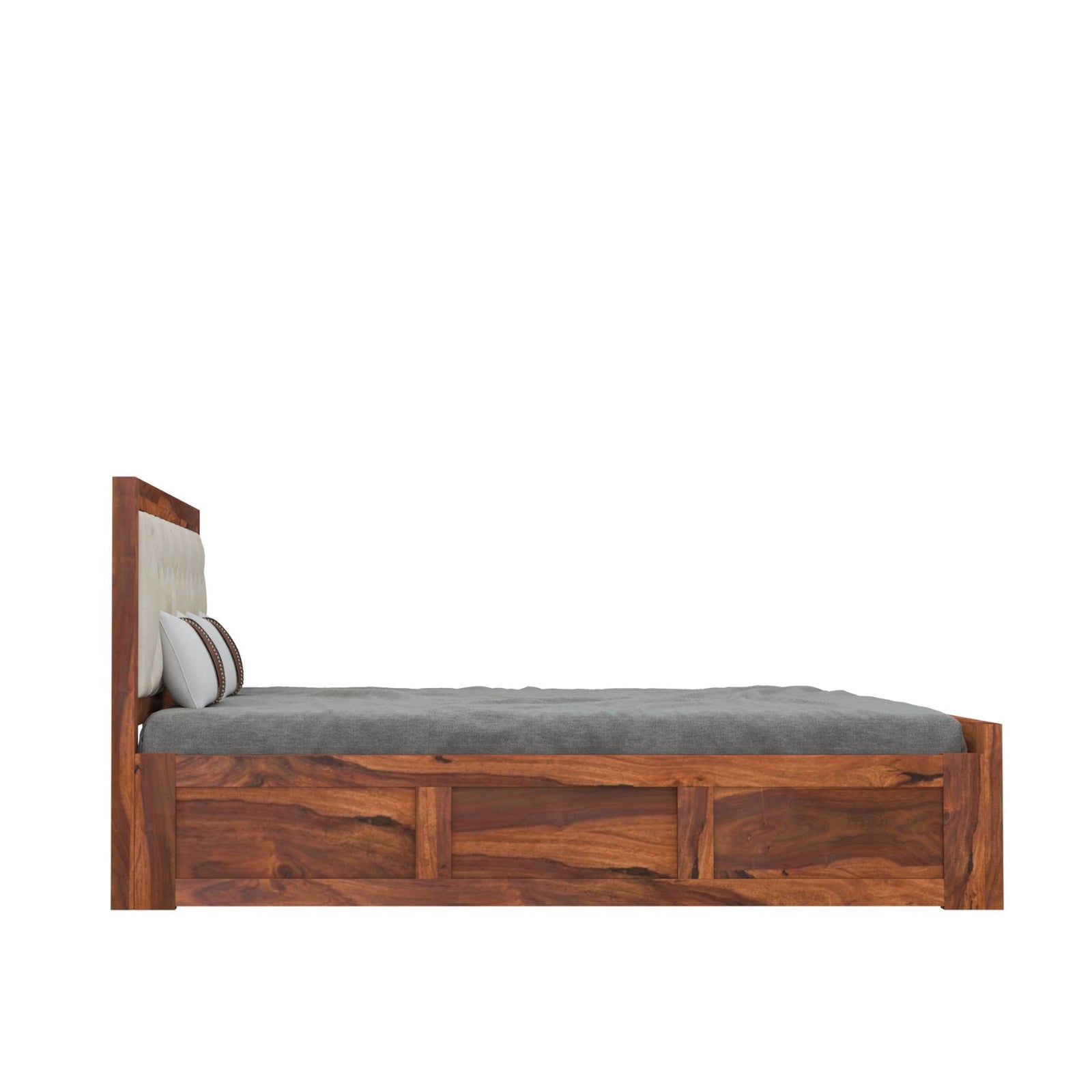 Zeus Solid Sheesham Wood Upholstered Bed King Size with Box Storage - Natural Finish