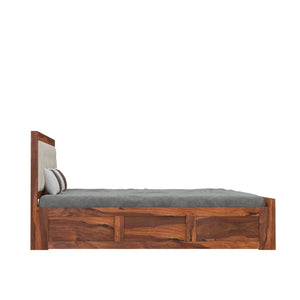 Zeus Solid Sheesham Wood Upholstered Bed King Size with Box Storage - Natural Finish