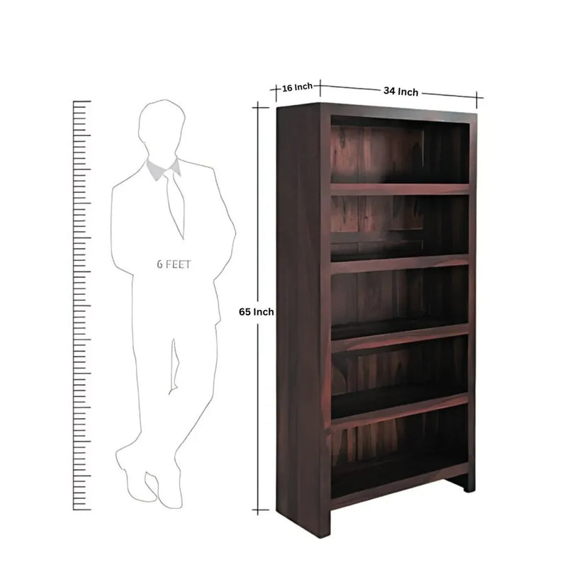 Solid Sheesham Wood Bookshelf With 5 Open Shelf - Walnut